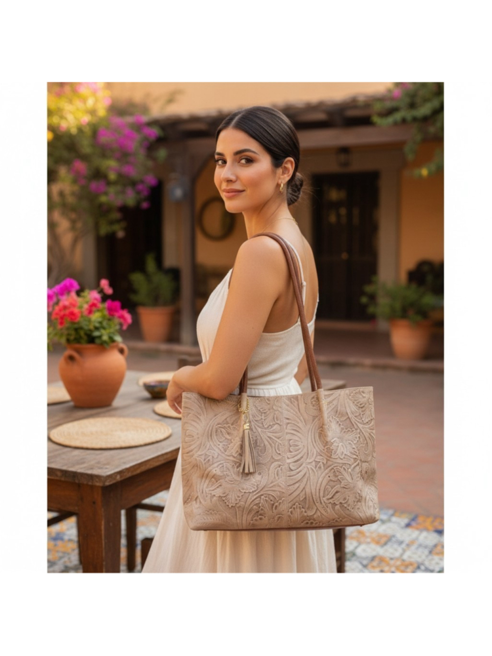 Sandy Beige Floral Embossed Tooled Artisan LEATHER Purse Handbag Tote Bag